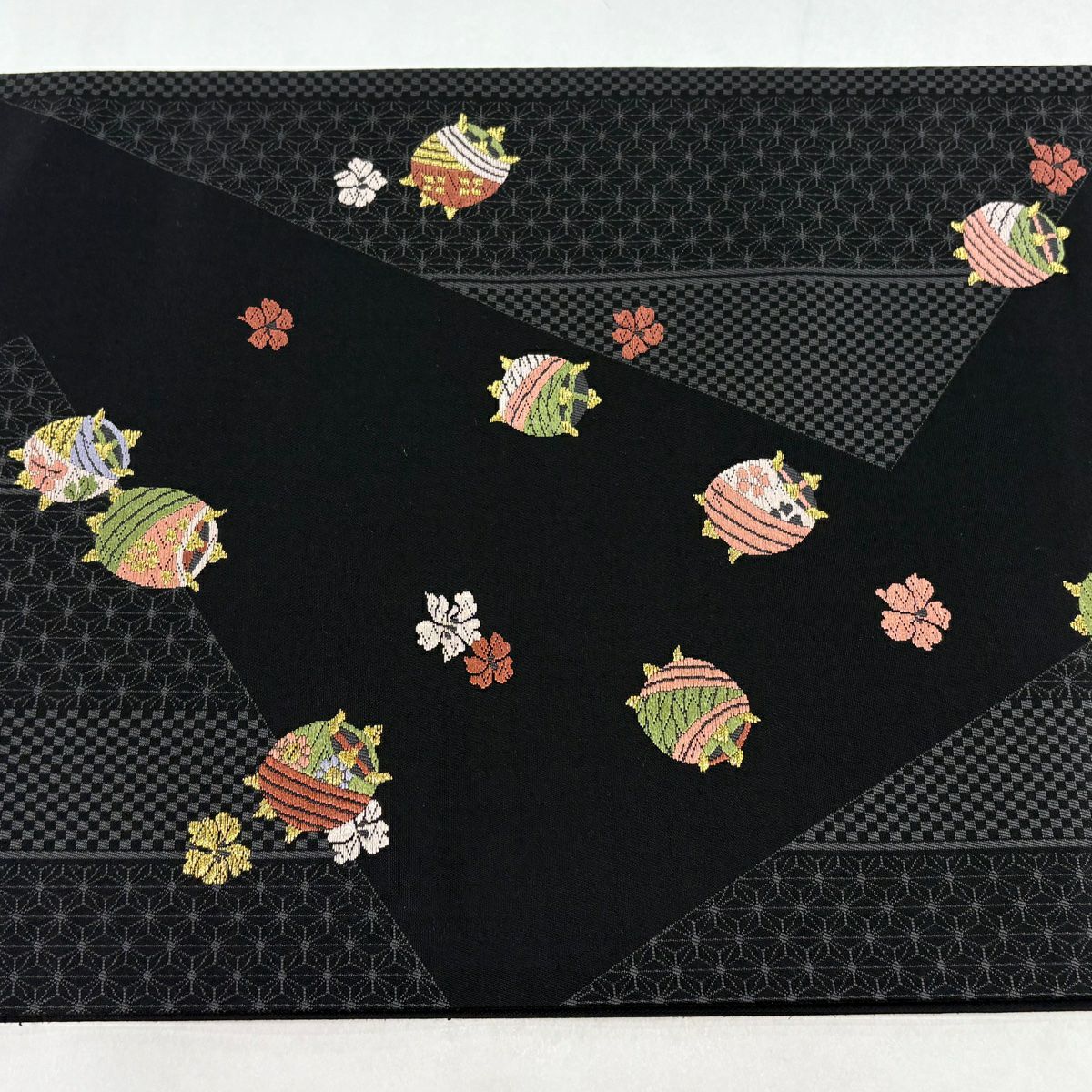 【美品】 袋帶 名品級 線卷 櫻花 金絲 黑 六通 純蠶絲