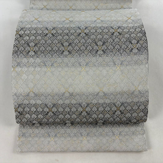 【美品】 袋帶 名品級 斜格子 若松樹 金金箔 灰色 六通 純蠶絲