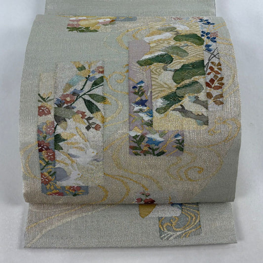 【美品】 袋帶 名品級 夏帶 鈴乃屋 兔子 笠松樹 金銀絲 淺綠 お太鼓圖案 純蠶絲