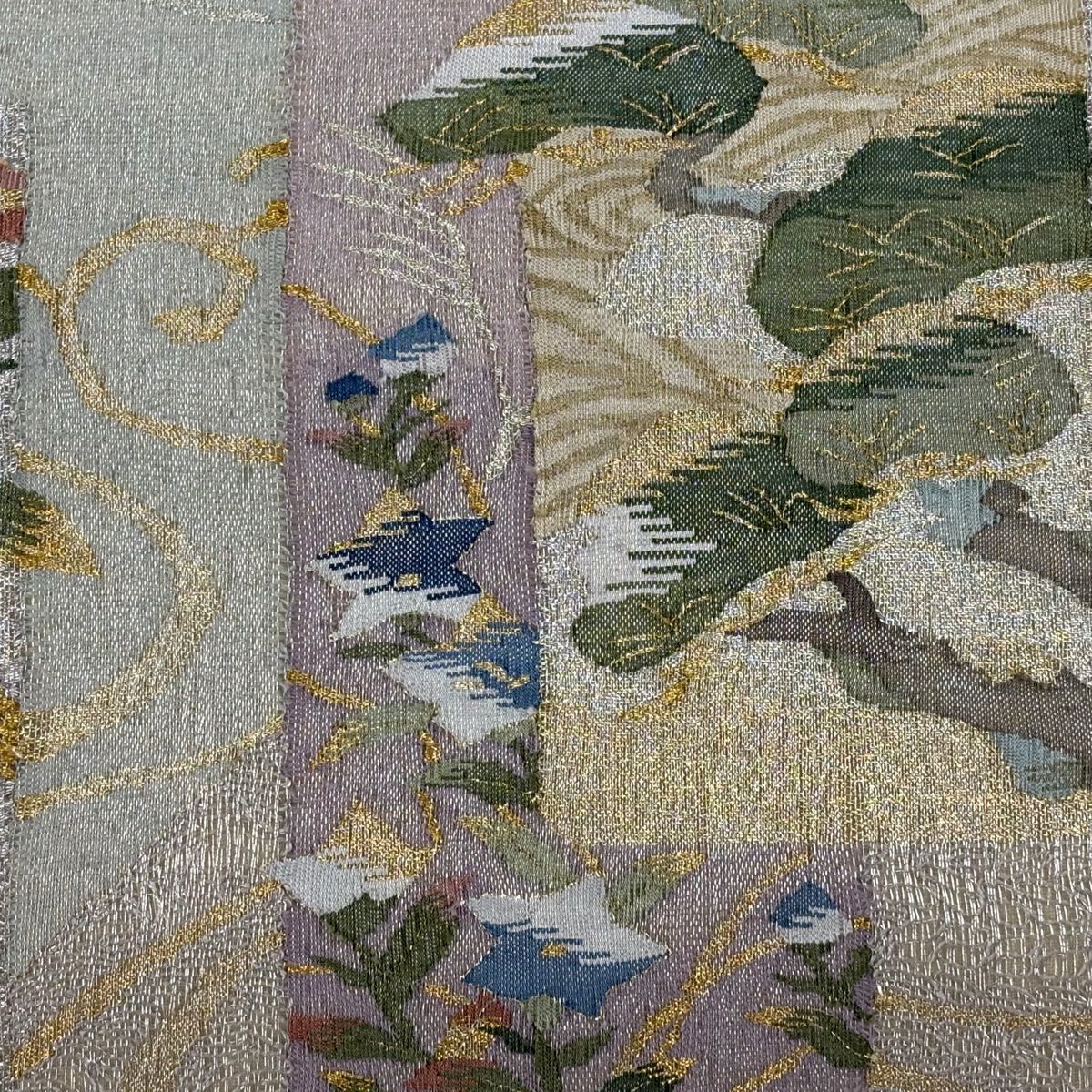 【美品】 袋帶 名品級 夏帶 鈴乃屋 兔子 笠松樹 金銀絲 淺綠 お太鼓圖案 純蠶絲