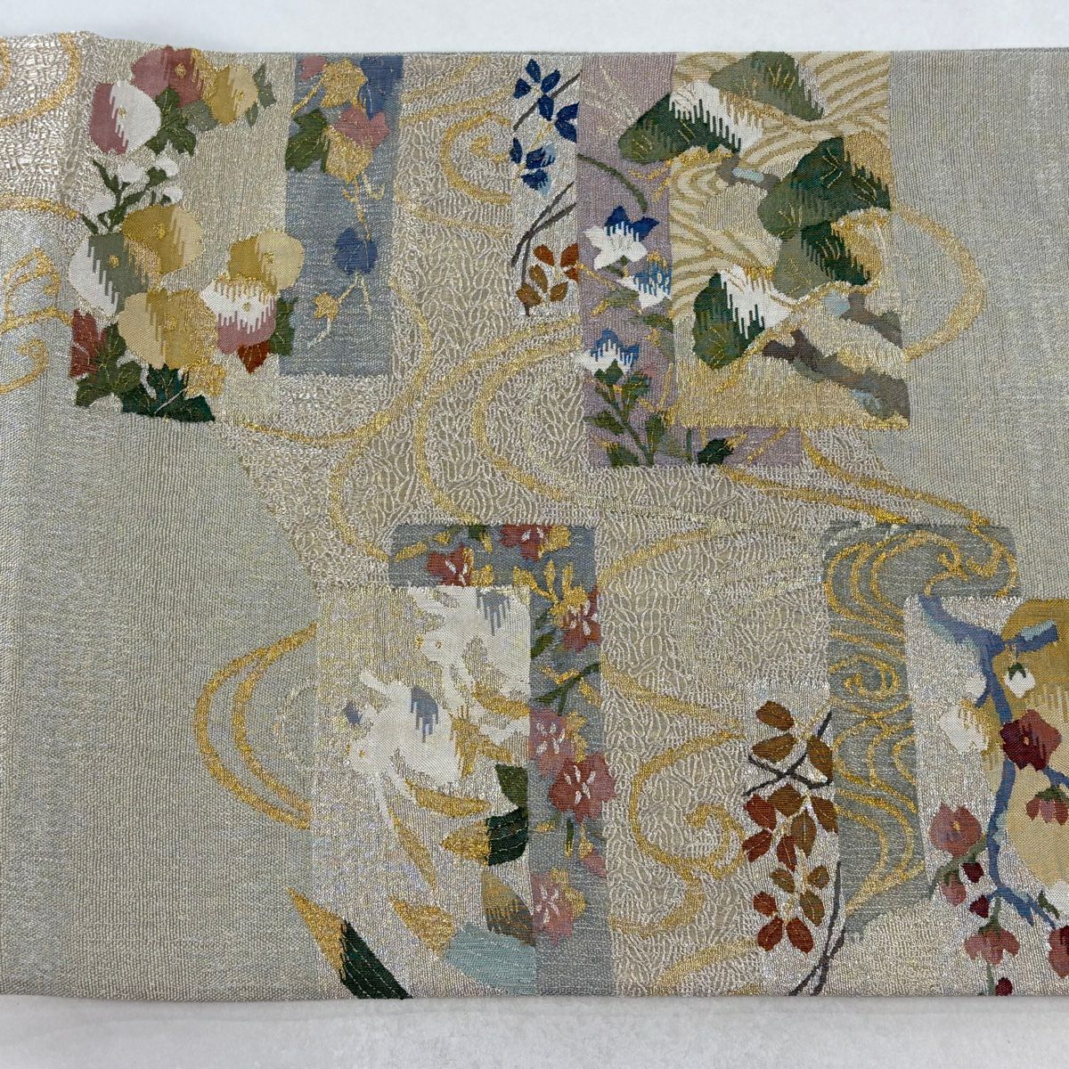 【美品】 袋帶 名品級 夏帶 鈴乃屋 兔子 笠松樹 金銀絲 淺綠 お太鼓圖案 純蠶絲
