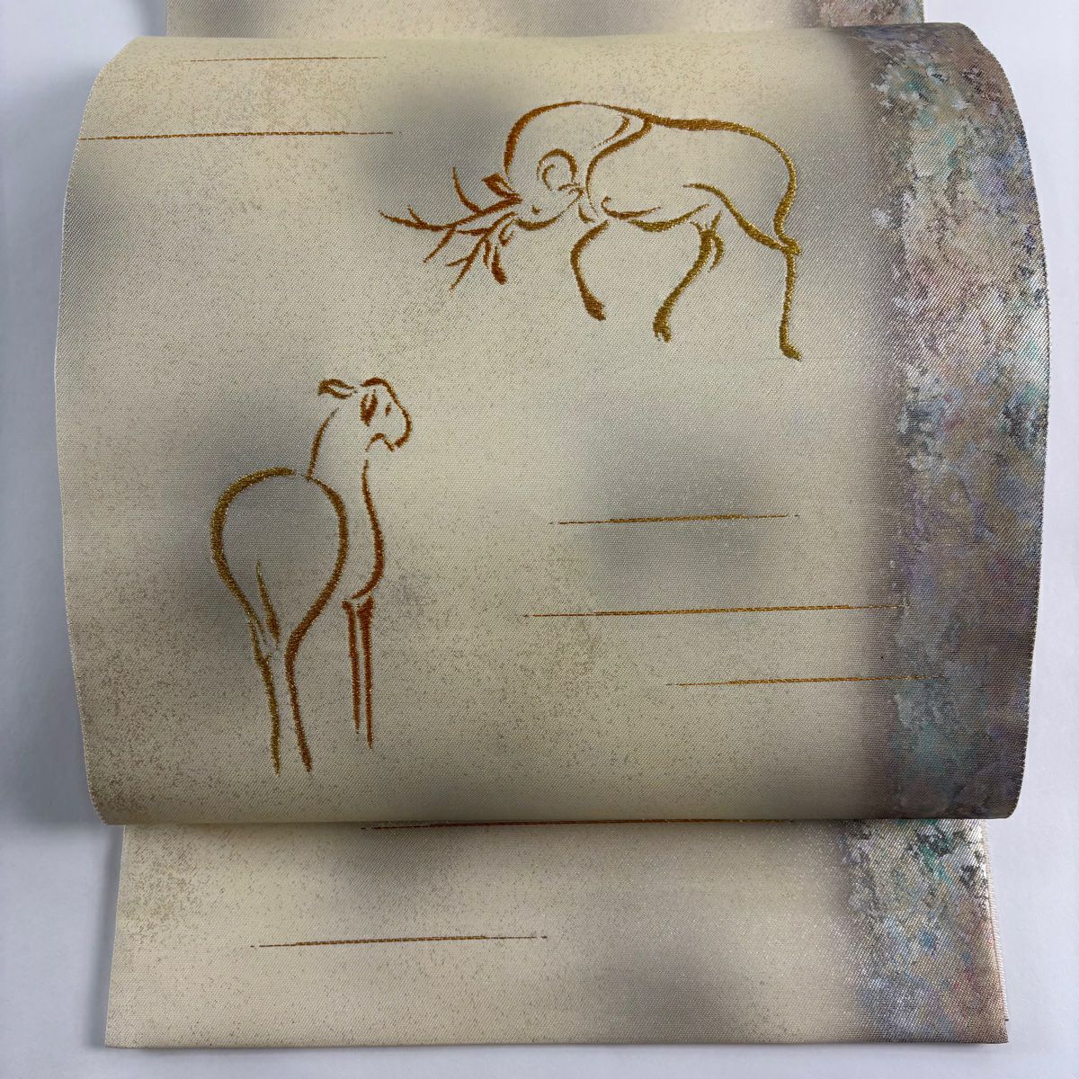 【美品】 袋帶 名品級 祥園 落款あり 動物 幾何學 金絲 金金箔 淺黃 お太鼓圖案 純蠶絲