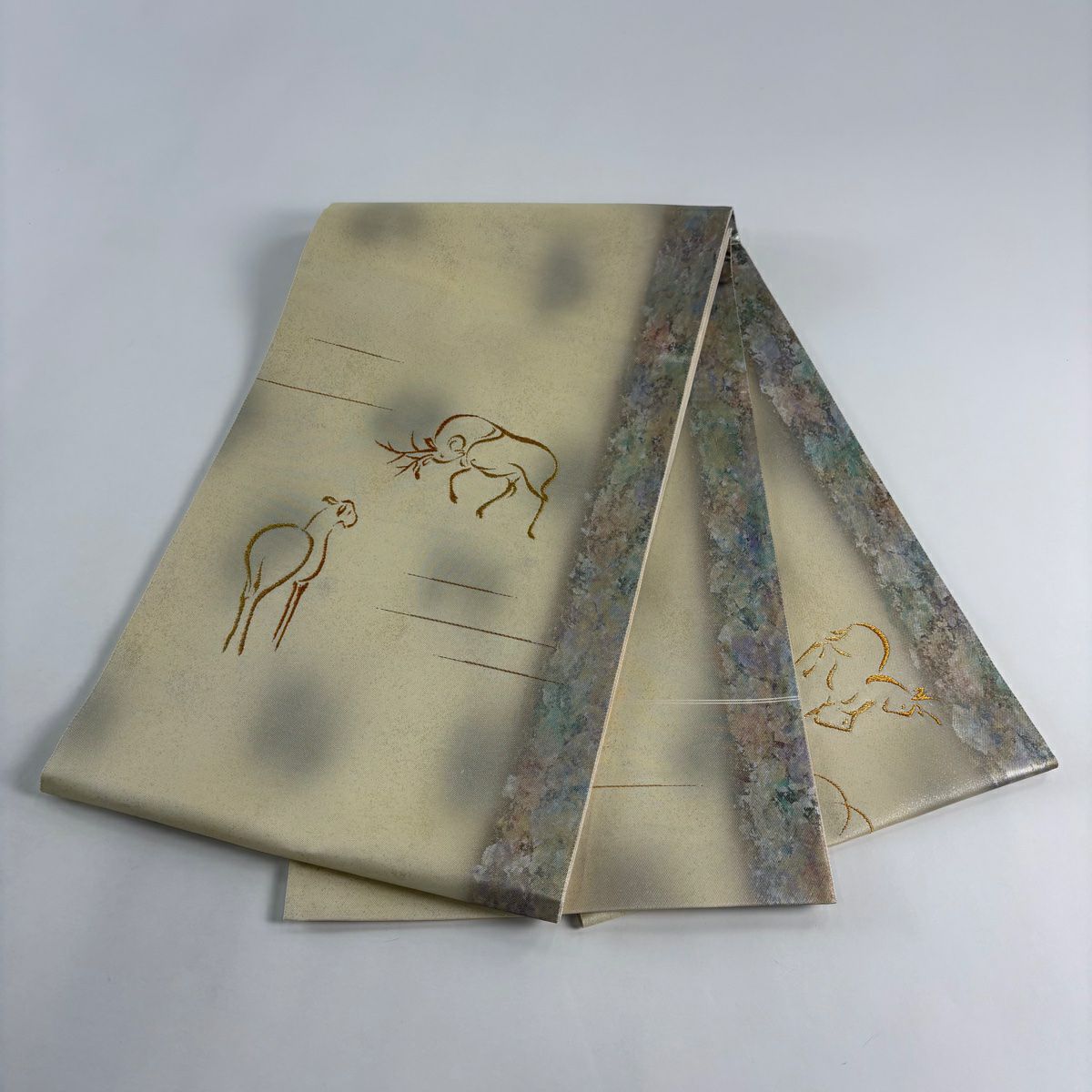 【美品】 袋帶 名品級 祥園 落款あり 動物 幾何學 金絲 金金箔 淺黃 お太鼓圖案 純蠶絲