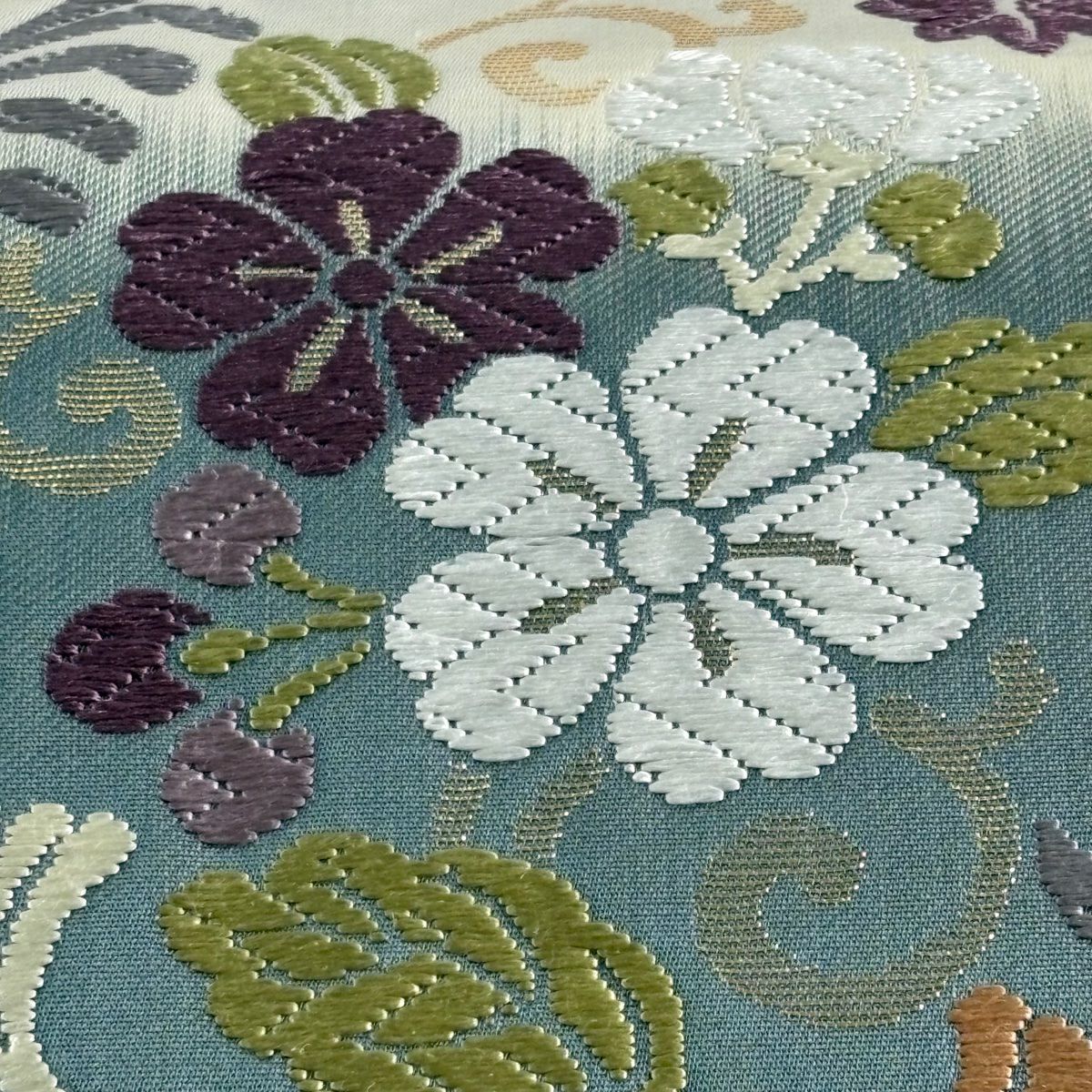 【美品】 袋帶 名品級 花唐草紋 變化市松樹 唐織 金金箔 奶油 六通 純蠶絲