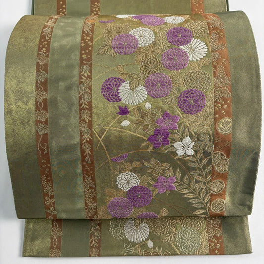 【美品】 袋帶 名品級 帝王紫 落款 秋草蒔繪獻上文 唐織 金金箔 金色 大鼓圖案 純蠶絲