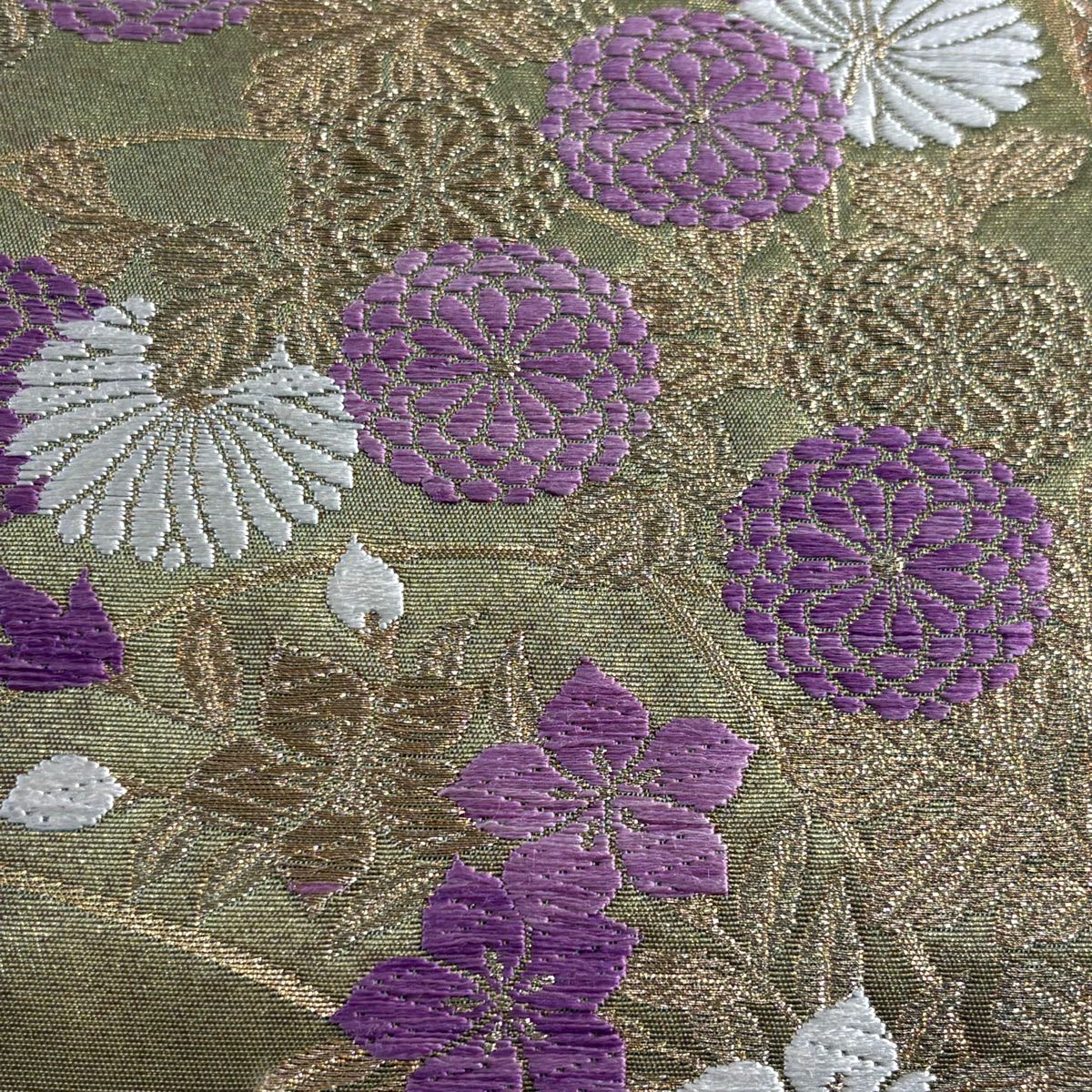 【美品】 袋帶 名品級 帝王紫 落款 秋草蒔繪獻上文 唐織 金金箔 金色 大鼓圖案 純蠶絲