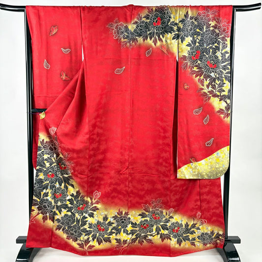 【美品】振袖禮服 身長165cm 袖長67cm M 雙層 草花紋紋 銀通 金銀彩 紅 純蠶絲 名品級