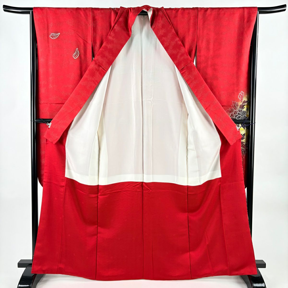 【美品】振袖禮服 身長165cm 袖長67cm M 雙層 草花紋紋 銀通 金銀彩 紅 純蠶絲 名品級