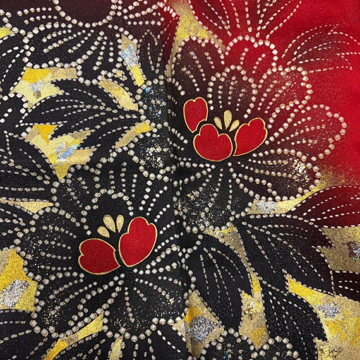 【美品】振袖禮服 身長165cm 袖長67cm M 雙層 草花紋紋 銀通 金銀彩 紅 純蠶絲 名品級