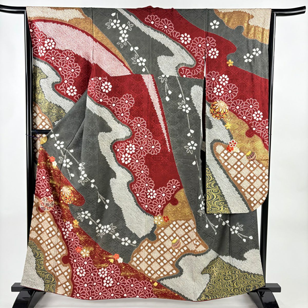 振袖禮服 身長159cm 袖長64.5cm M 雙層 手鞠 櫻花 金糸 刺繡 錦紅 純蠶絲 名品級