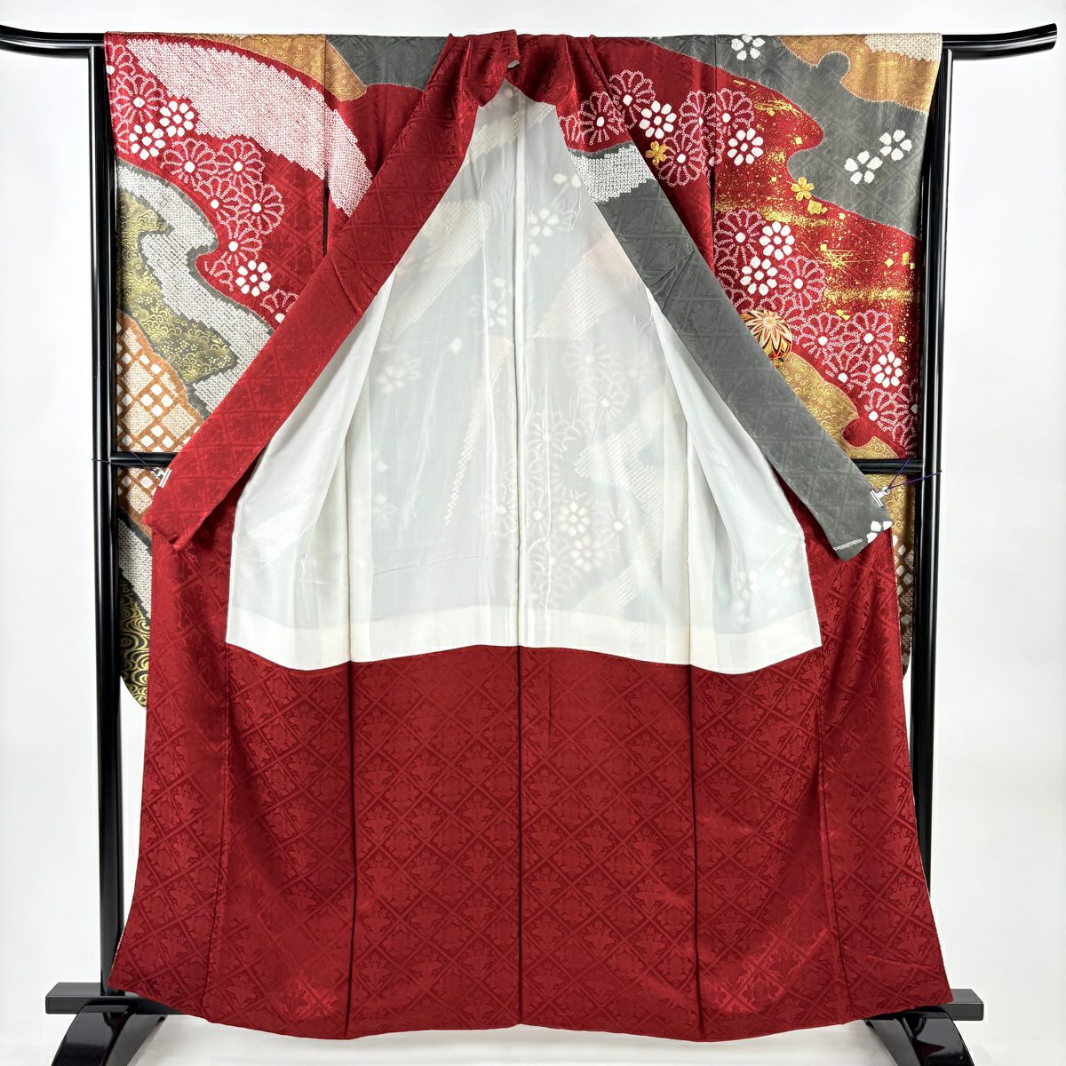 振袖禮服 身長159cm 袖長64.5cm M 雙層 手鞠 櫻花 金糸 刺繡 錦紅 純蠶絲 名品級
