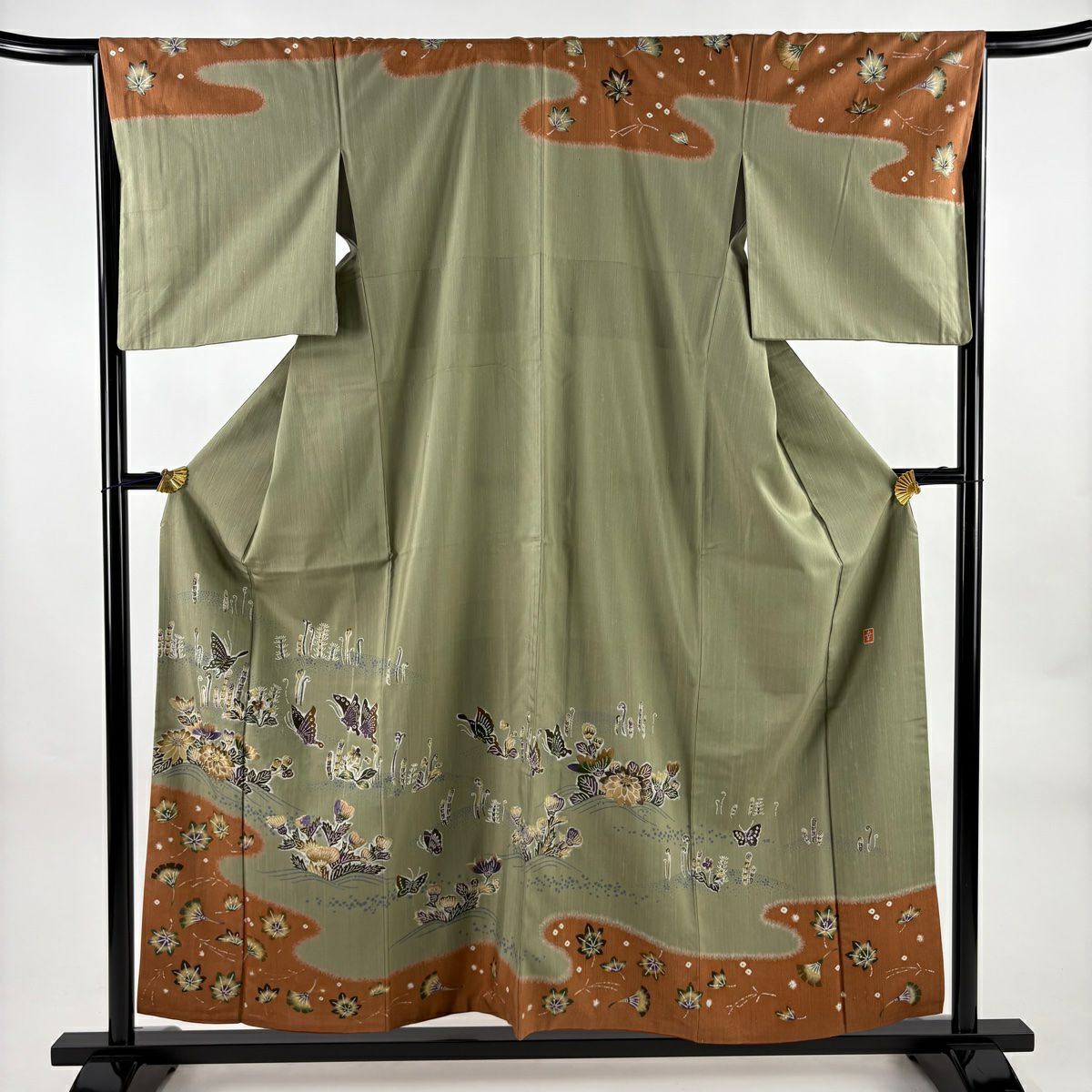 訪問服 身長156cm 袖長66.5cm M 雙層 花井幸子 紬織織 落款あり 蝶 草花紋刺繡 金糸 灰綠 純蠶絲 名品級