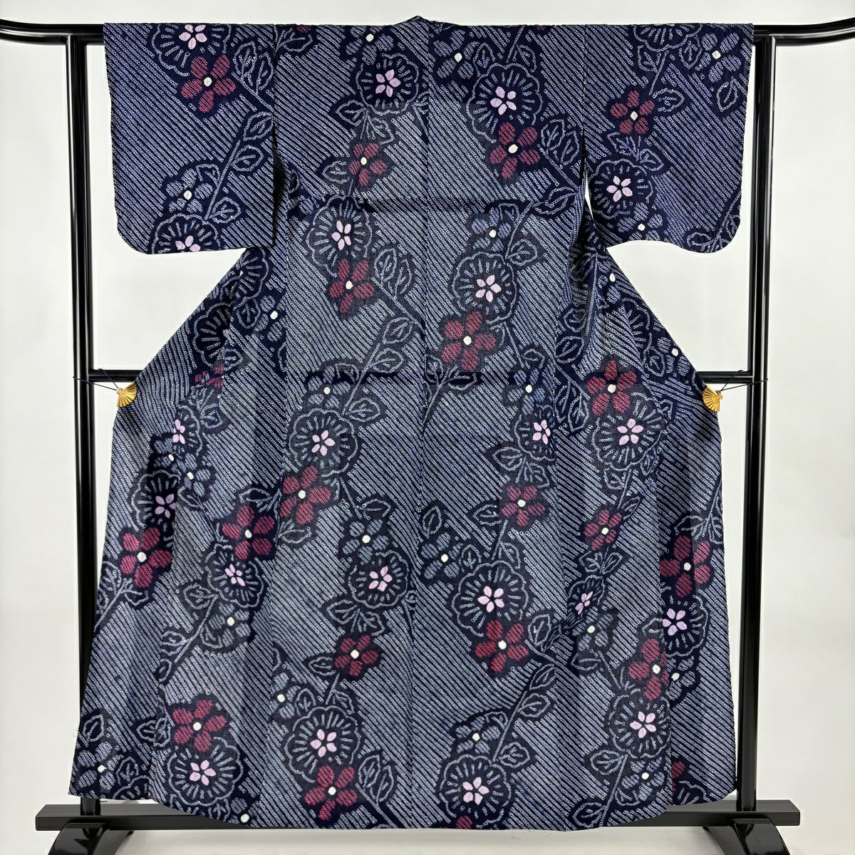 【美品】 浴衣 身長160cm 袖長61cm S 絞染浴衣 草花紋紋 深藍 純棉 名品級