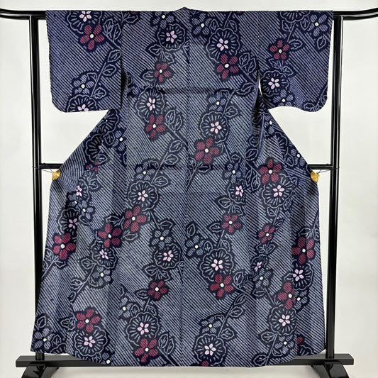 【美品】 浴衣 身長160cm 袖長61cm S 絞染浴衣 草花紋紋 深藍 純棉 名品級