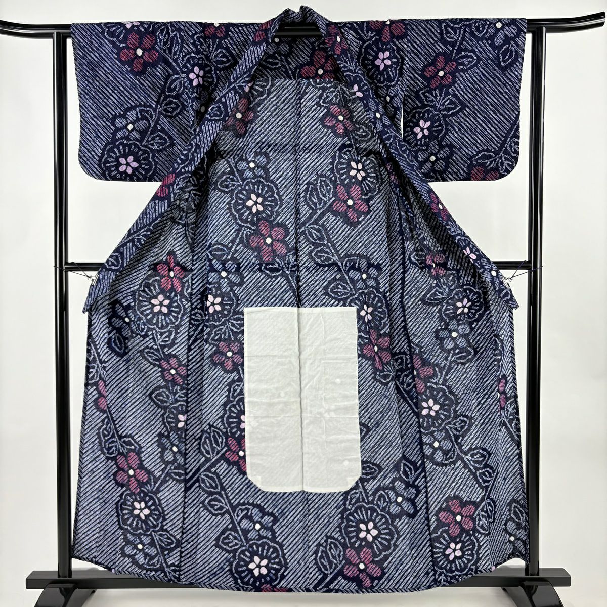 【美品】 浴衣 身長160cm 袖長61cm S 絞染浴衣 草花紋紋 深藍 純棉 名品級