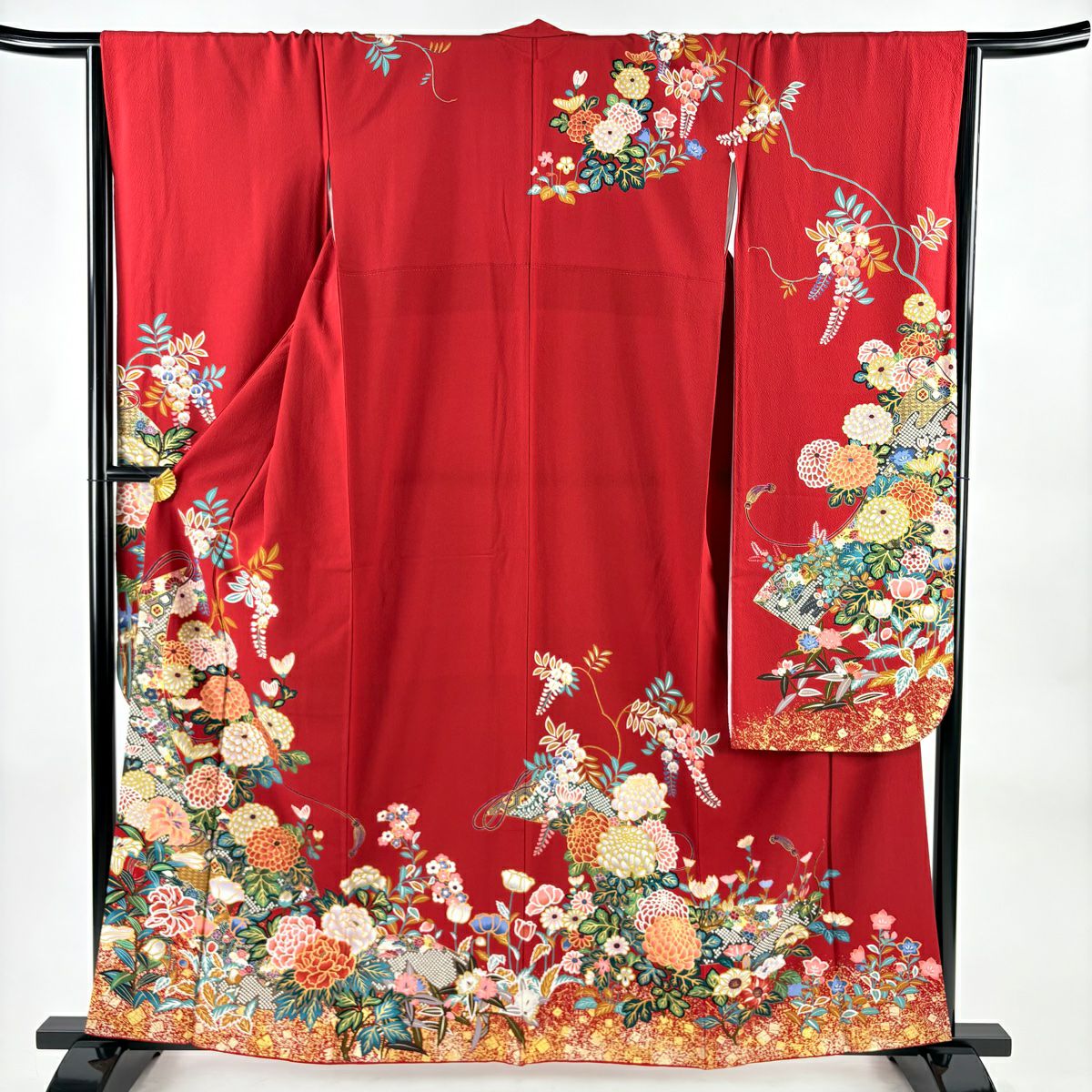 振袖禮服 身長160cm 袖長67cm M 雙層 菊花 牡丹 金絲 金銀彩 紅 純蠶絲 名品級