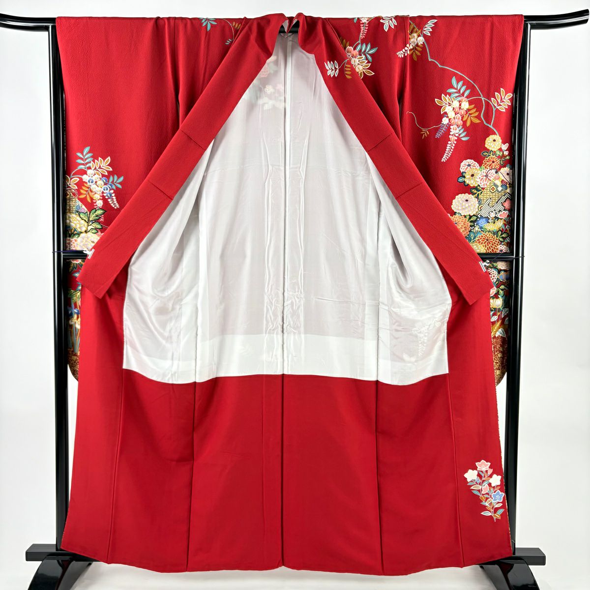 振袖禮服 身長160cm 袖長67cm M 雙層 菊花 牡丹 金絲 金銀彩 紅 純蠶絲 名品級