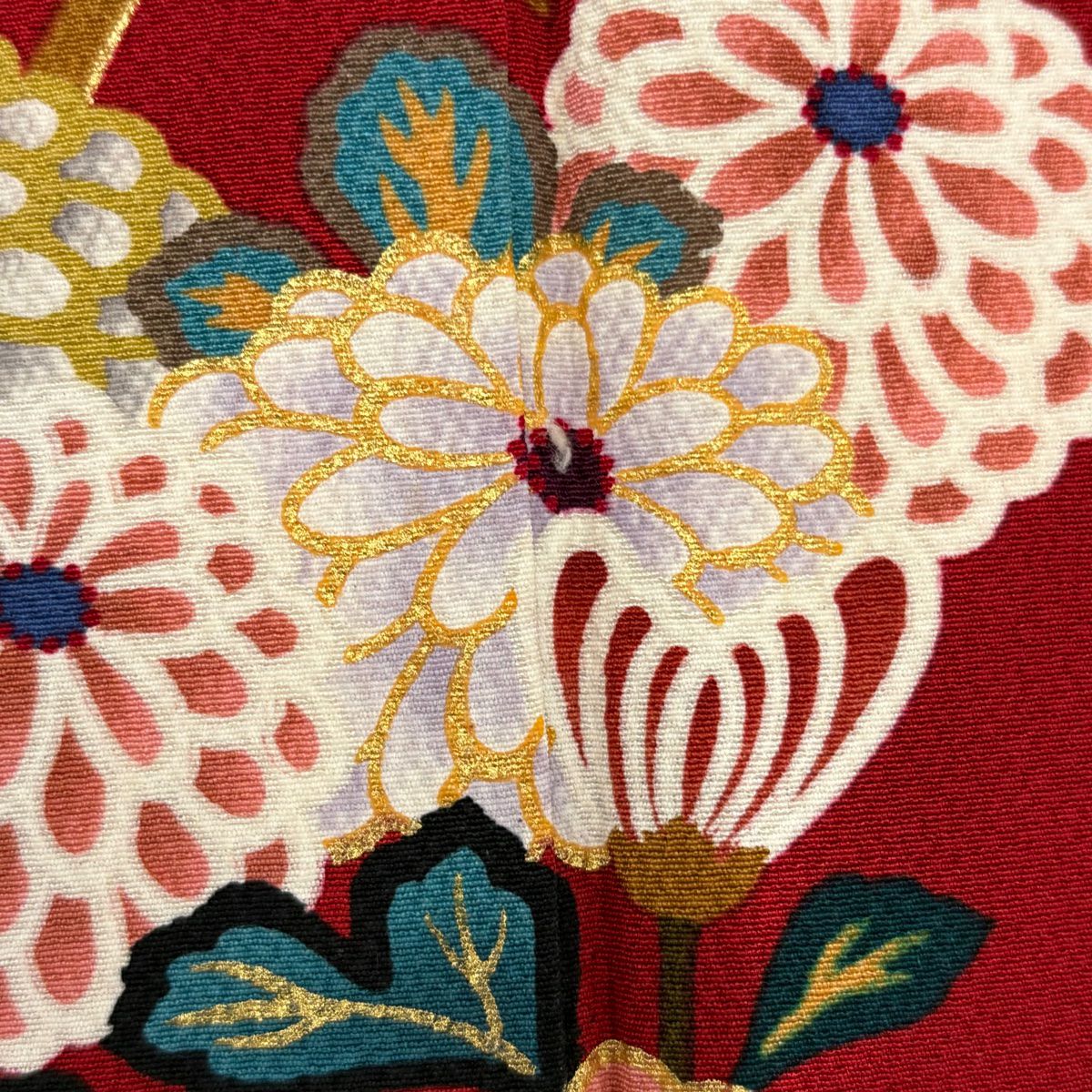 振袖禮服 身長160cm 袖長67cm M 雙層 菊花 牡丹 金絲 金銀彩 紅 純蠶絲 名品級