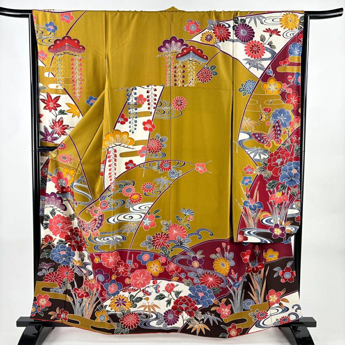 【美品】振袖禮服 身長161cm 袖長65.5cm M 雙層 松樹竹子梅花 牡丹 染分 黃土 純蠶絲 名品級