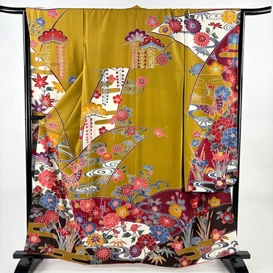 【美品】振袖禮服 身長161cm 袖長65.5cm M 雙層 松樹竹子梅花 牡丹 染分 黃土 純蠶絲 名品級