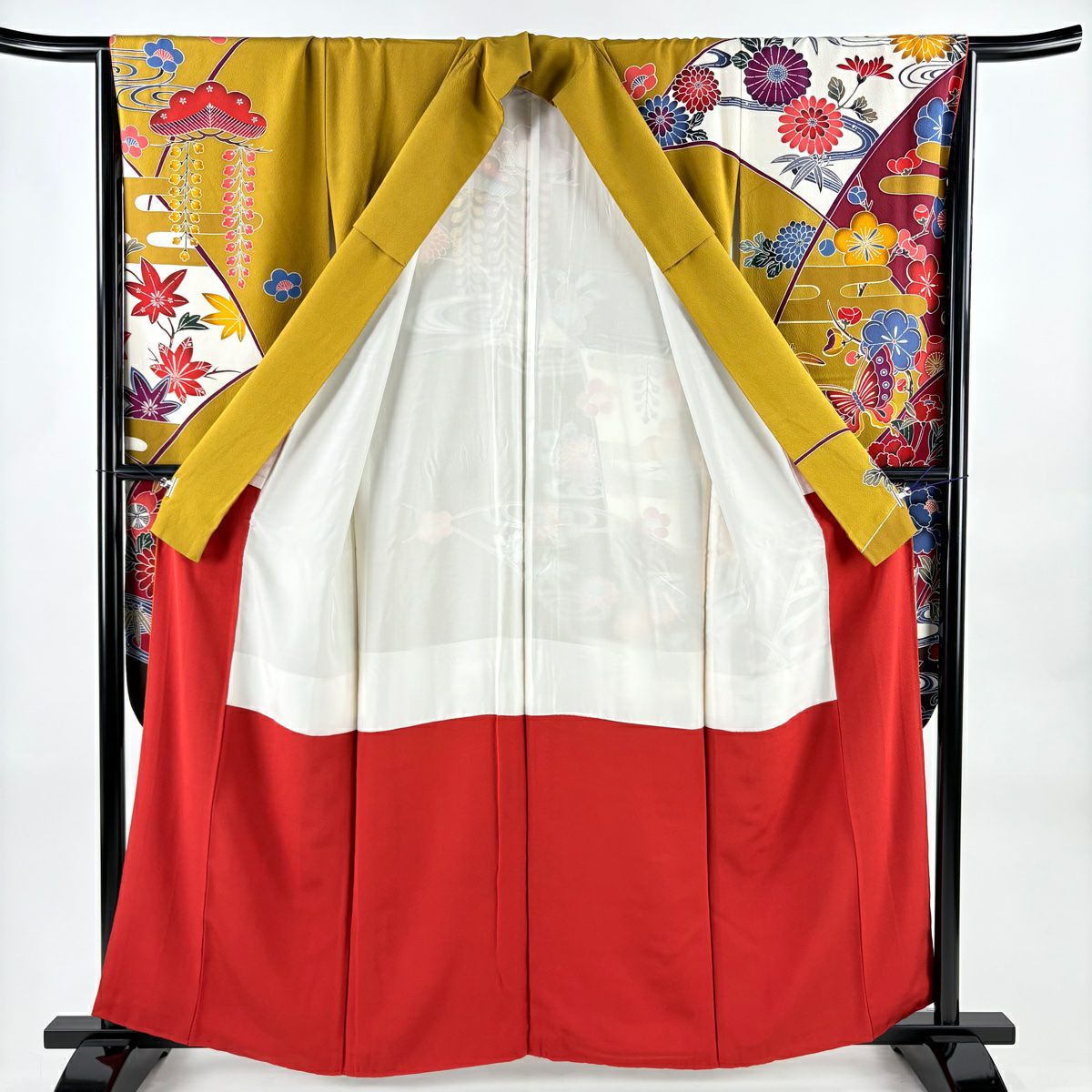 【美品】振袖禮服 身長161cm 袖長65.5cm M 雙層 松樹竹子梅花 牡丹 染分 黃土 純蠶絲 名品級