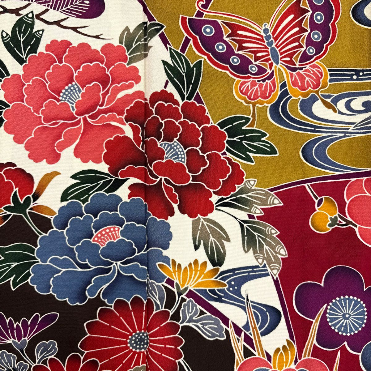 【美品】振袖禮服 身長161cm 袖長65.5cm M 雙層 松樹竹子梅花 牡丹 染分 黃土 純蠶絲 名品級