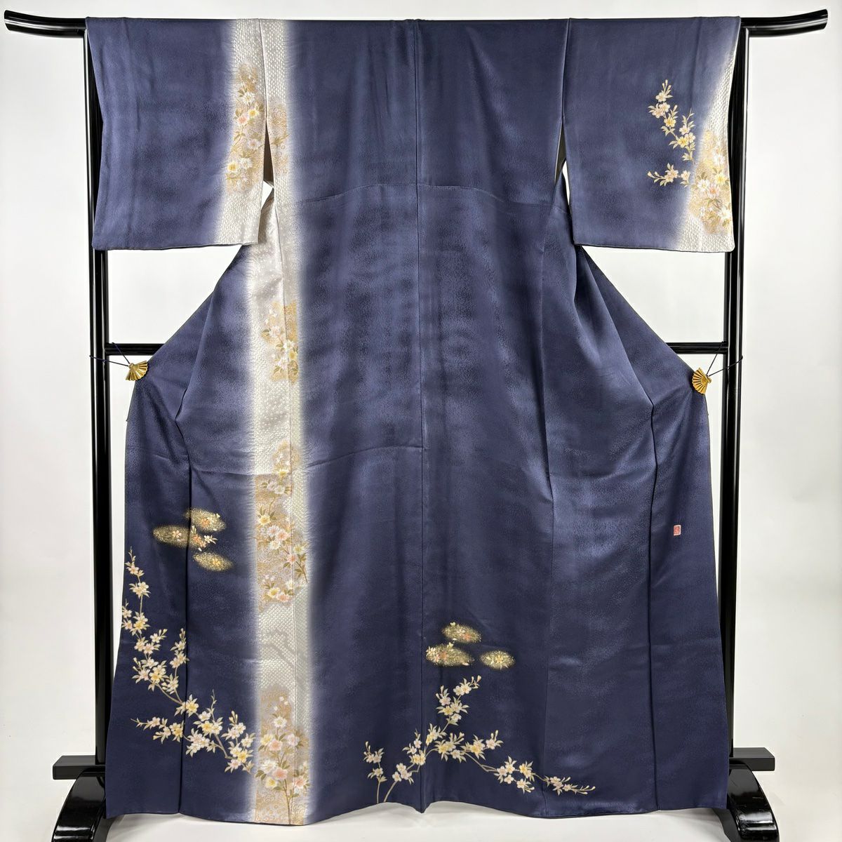 付下 身長167cm 袖長66cm M 雙層 大和 有落款 櫻花 金絲 絞染 青紫 純蠶絲 名品級
