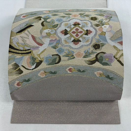 【美品】名古屋帶 逸品級 八寸名古屋帶 松樹葉仕立 草花紋紋 鳥 金銀彩 薄小豆 純蠶絲