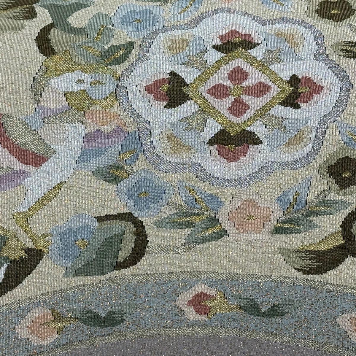 【美品】名古屋帶 逸品級 八寸名古屋帶 松樹葉仕立 草花紋紋 鳥 金銀彩 薄小豆 純蠶絲