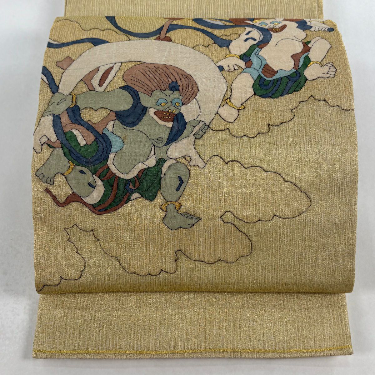 袋帶 逸品級 夏帶 紬織織 風神雷神 雲文 金通 金絲 金色 大鼓圖案 純蠶絲