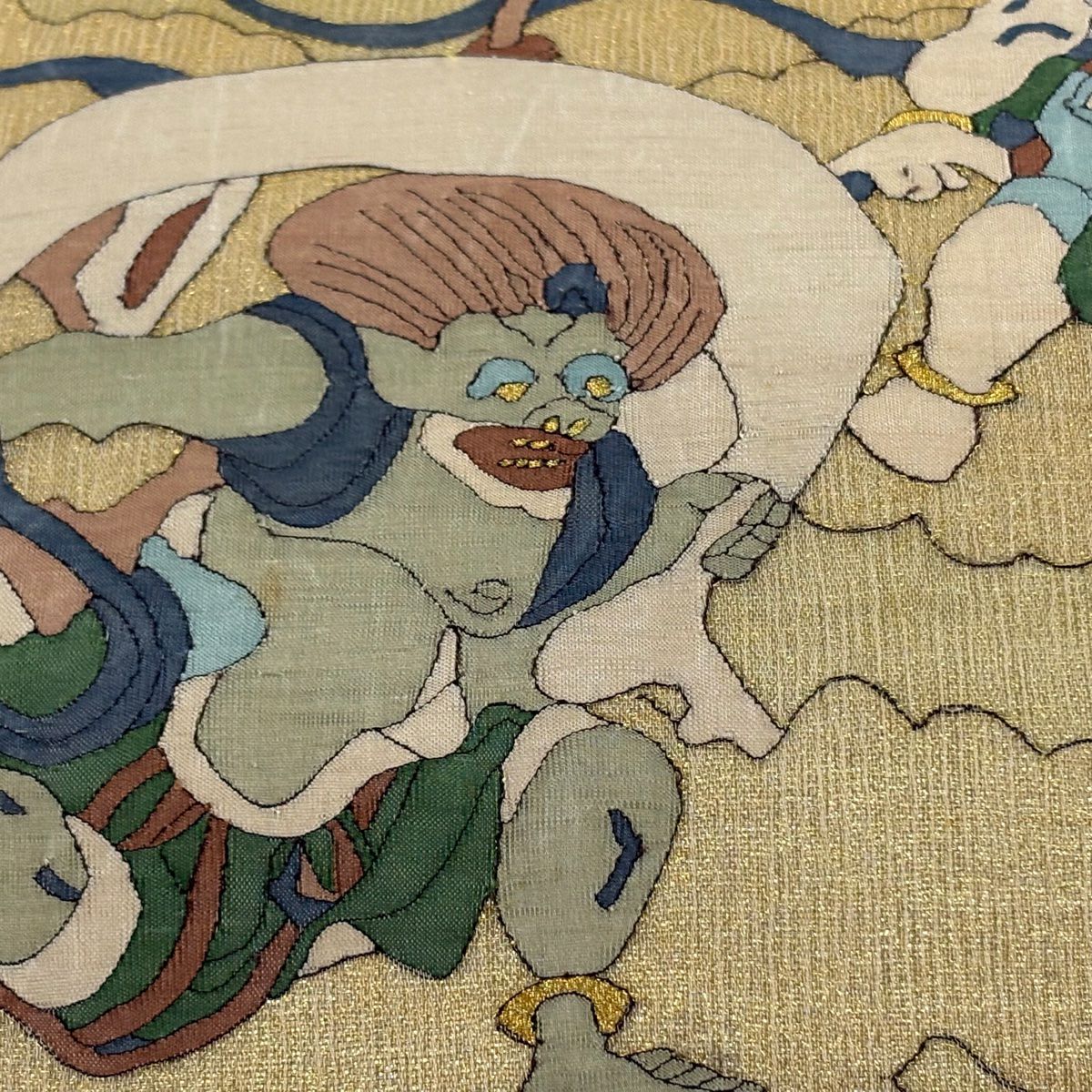 袋帶 逸品級 夏帶 紬織織 風神雷神 雲文 金通 金絲 金色 大鼓圖案 純蠶絲