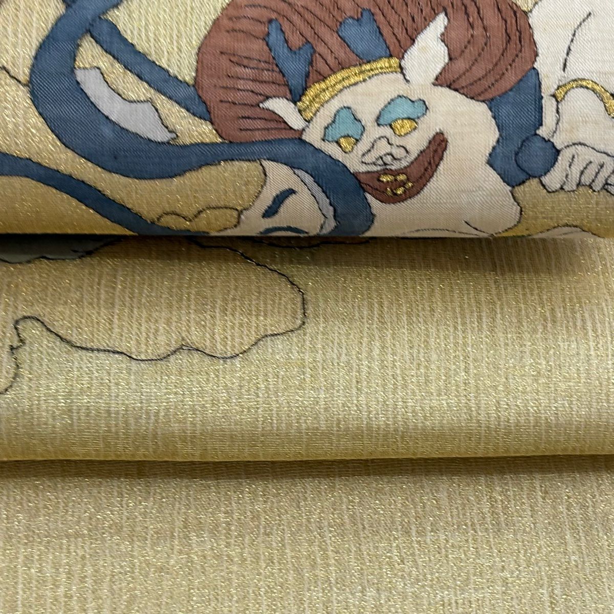袋帶 逸品級 夏帶 紬織織 風神雷神 雲文 金通 金絲 金色 大鼓圖案 純蠶絲