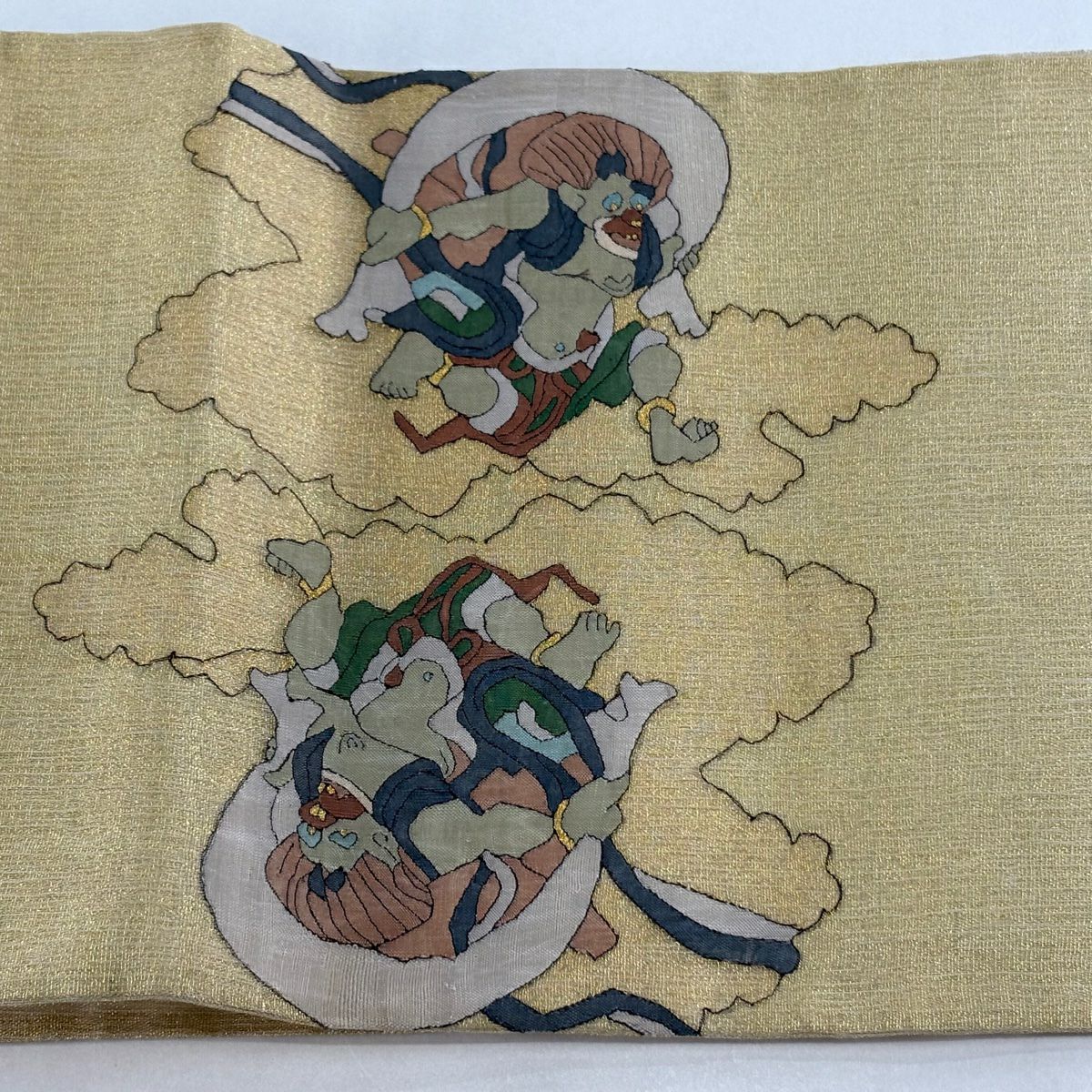 袋帶 逸品級 夏帶 紬織織 風神雷神 雲文 金通 金絲 金色 大鼓圖案 純蠶絲
