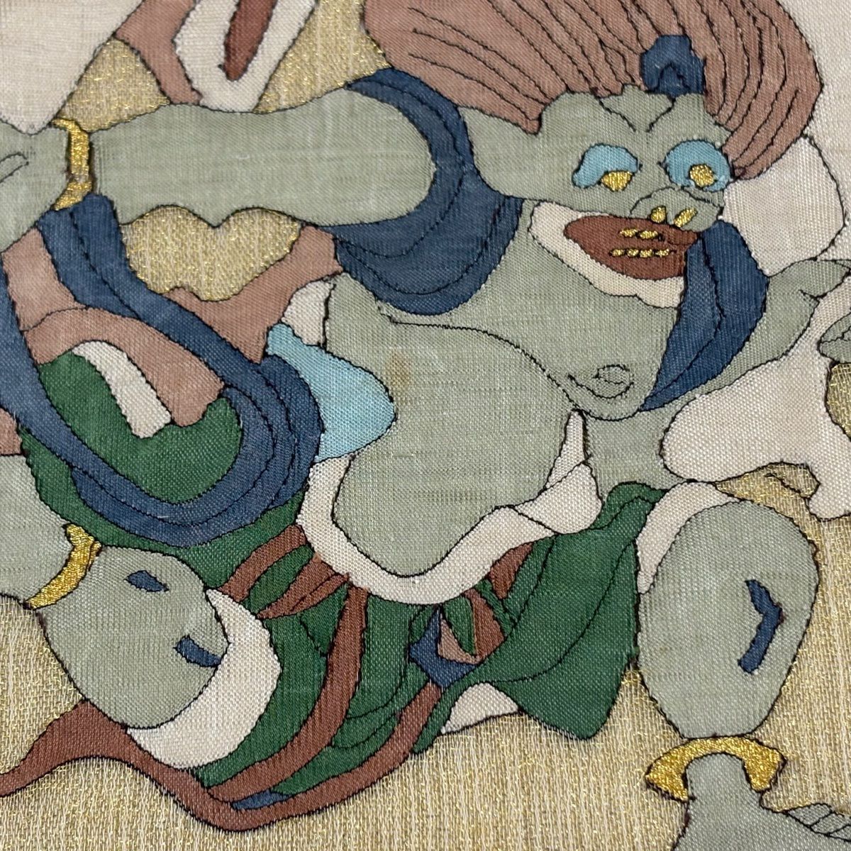 袋帶 逸品級 夏帶 紬織織 風神雷神 雲文 金通 金絲 金色 大鼓圖案 純蠶絲