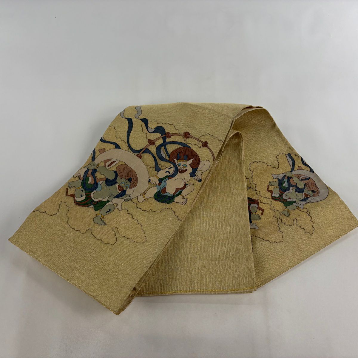 袋帶 逸品級 夏帶 紬織織 風神雷神 雲文 金通 金絲 金色 大鼓圖案 純蠶絲
