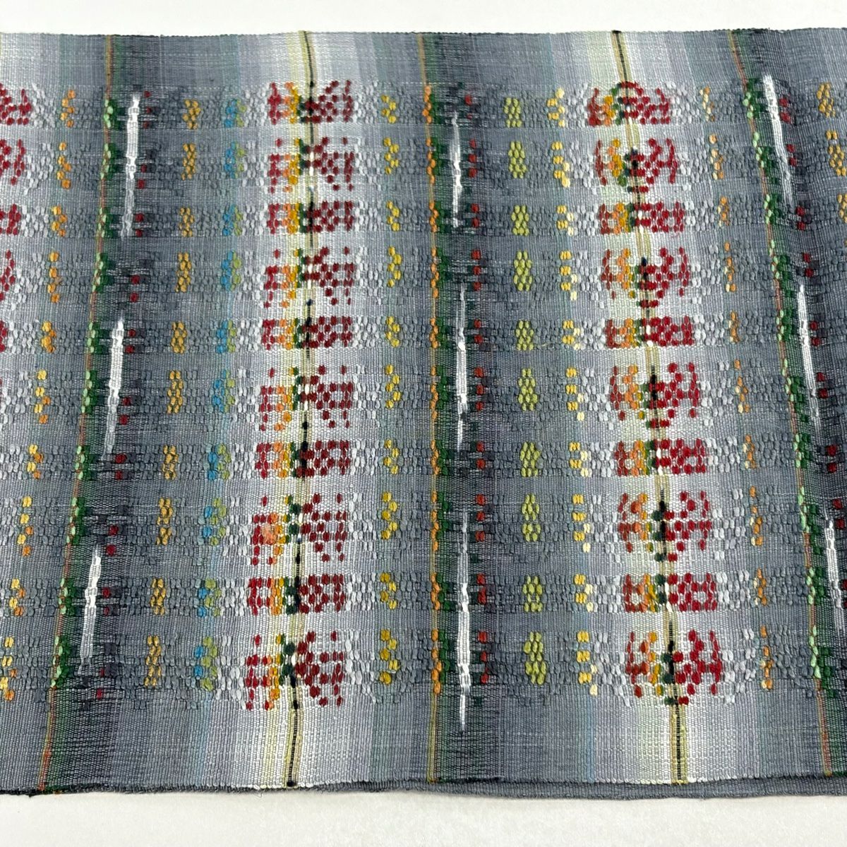 名古屋帶 逸品級 松樹葉仕立 八寸名古屋帶 紬織織 地 縞 幾何學圖案 青灰 純蠶絲