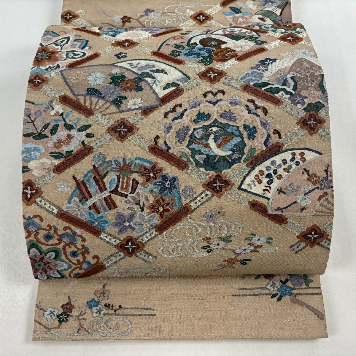 【美品】 袋帶 逸品級 格天井 扇子 金銀彩 薄茶 純蠶絲