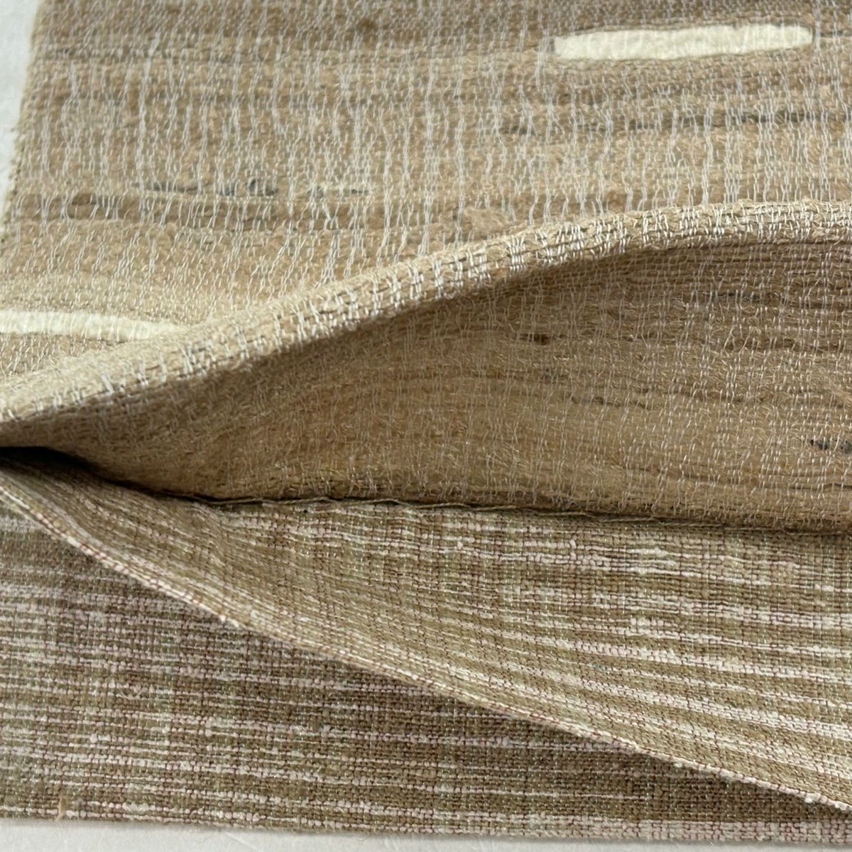 【美品】 袋帶 逸品級 紬織織 縞 幾何學 灰茶 全通 純蠶絲
