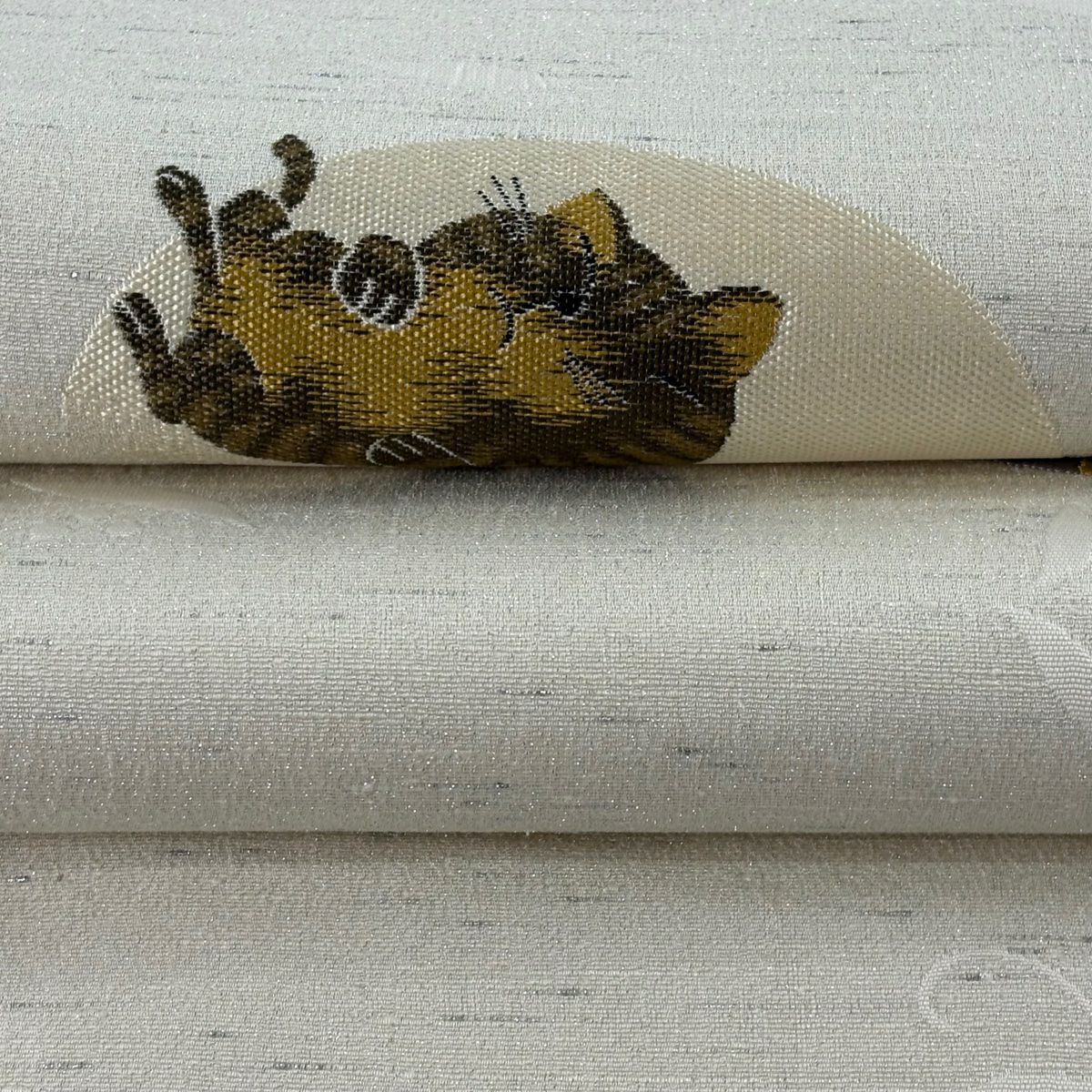 【美品】 袋帶 逸品級 貓與老鼠 兔子與烏龜 金金箔 灰白 大鼓圖案 純蠶絲
