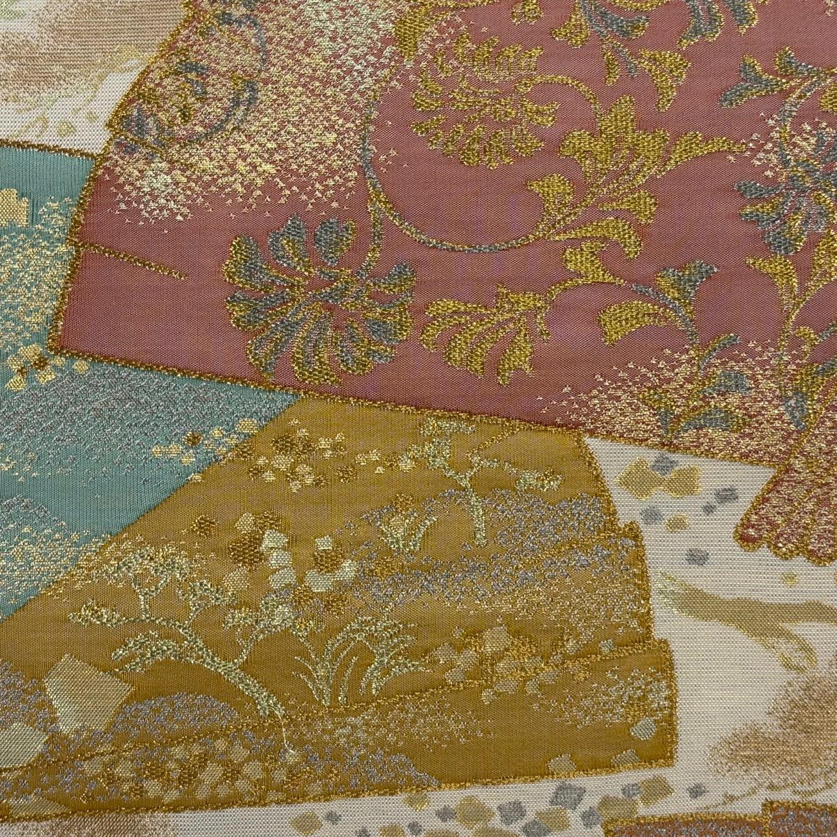 【美品】 袋帶 逸品級 川島織物 落款あり 關西仕立 雲扇子 草花紋紋 金銀彩 金金箔 米色 六通 純蠶絲