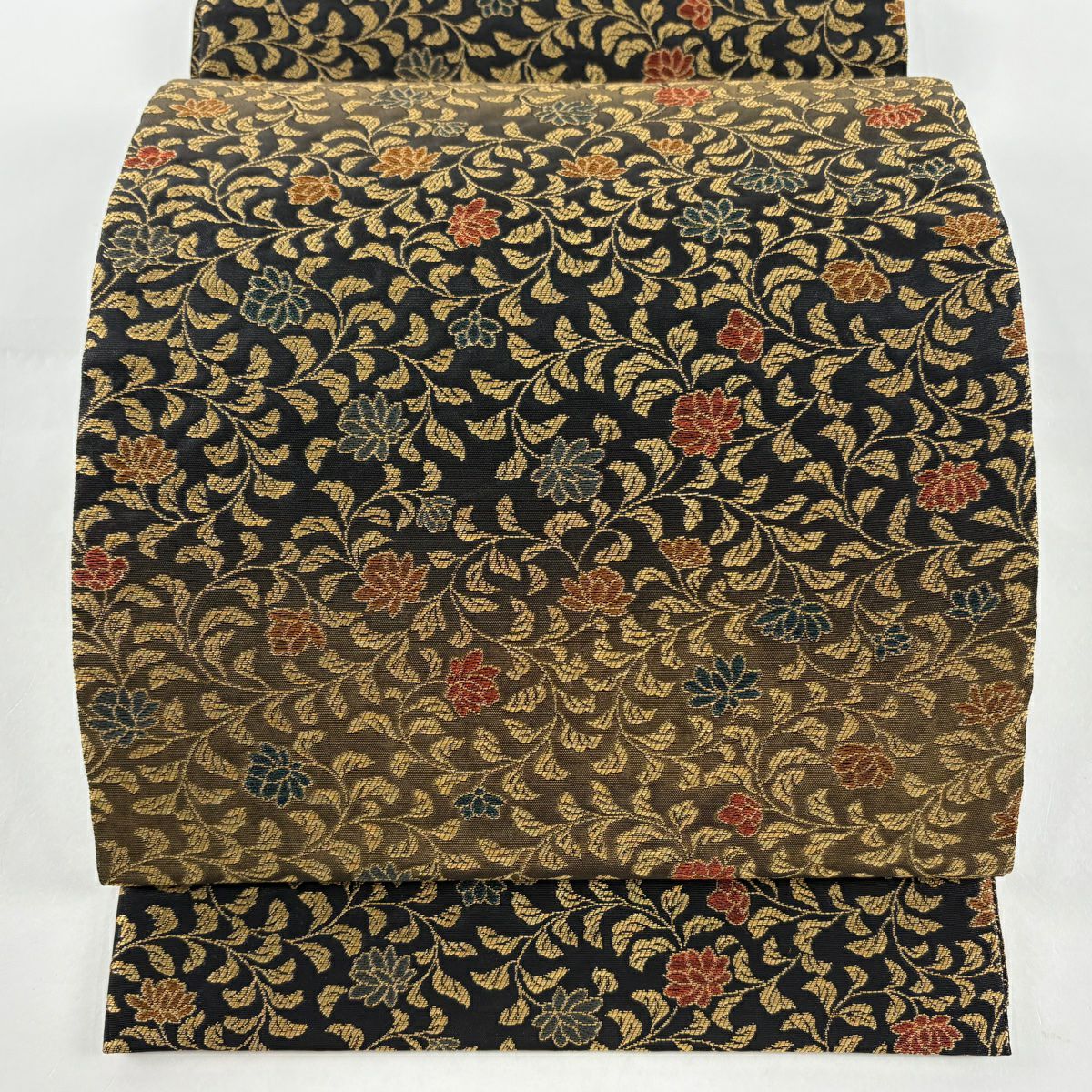 袋帶 逸品級 紋屋井關 落款あり 御寮織 附共箱 草花紋 金絲 金金箔 金茶 六通 純蠶絲