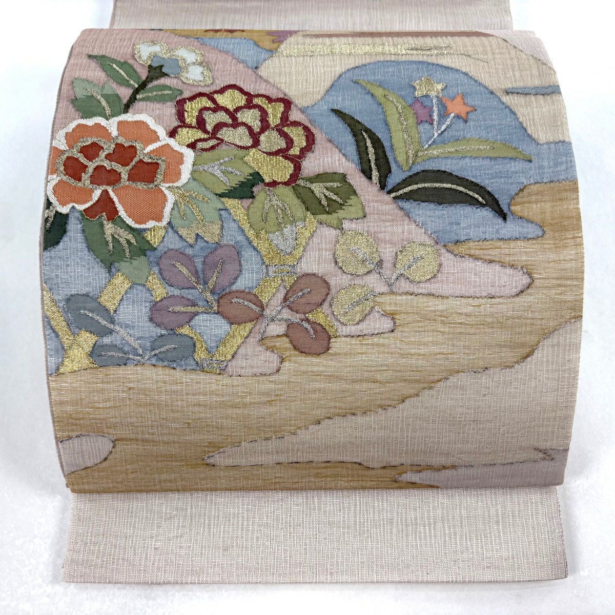 【美品】 袋帶 逸品級 夏帶 山 草花紋 金銀絲 灰茶 お太鼓圖案 純蠶絲