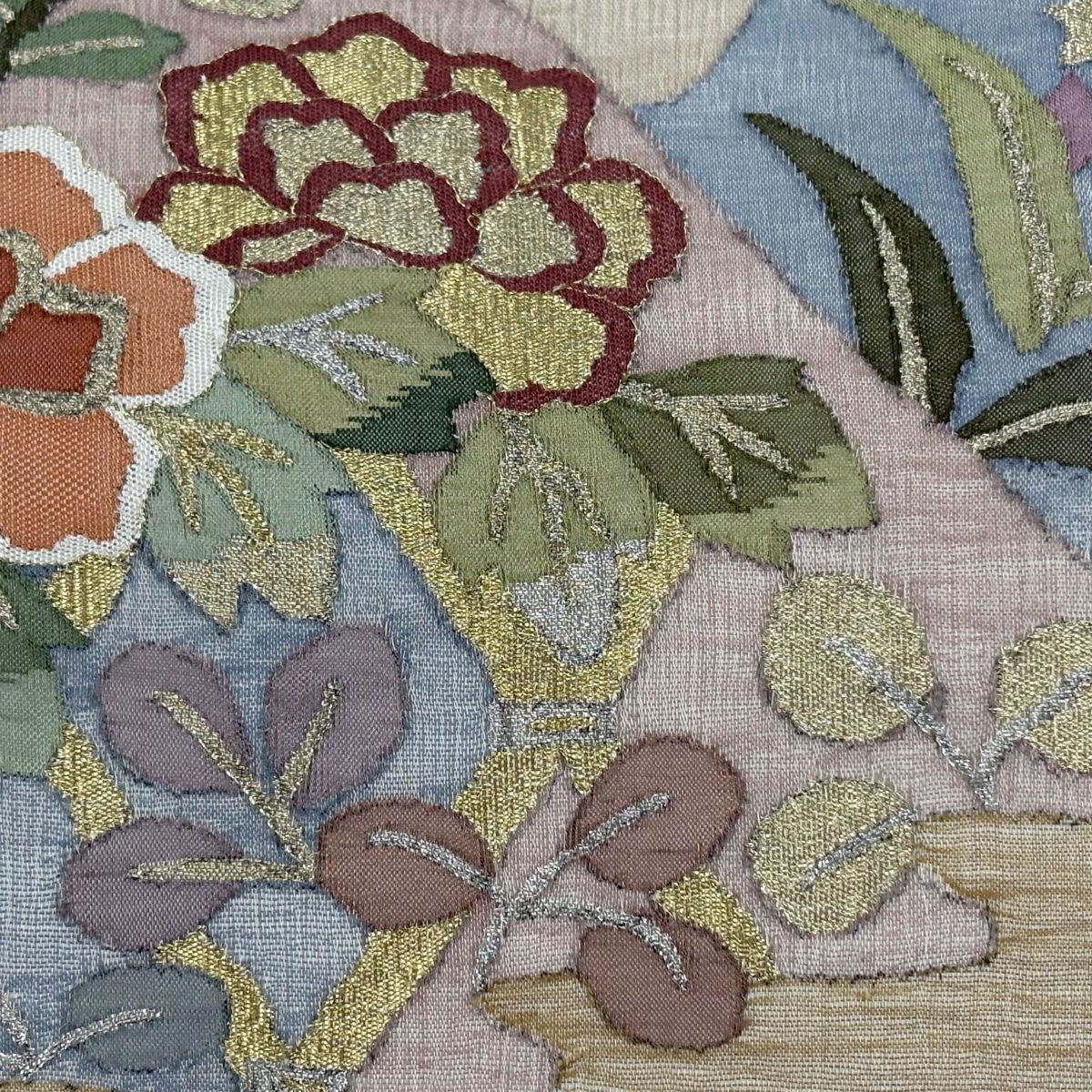 【美品】 袋帶 逸品級 夏帶 山 草花紋 金銀絲 灰茶 お太鼓圖案 純蠶絲