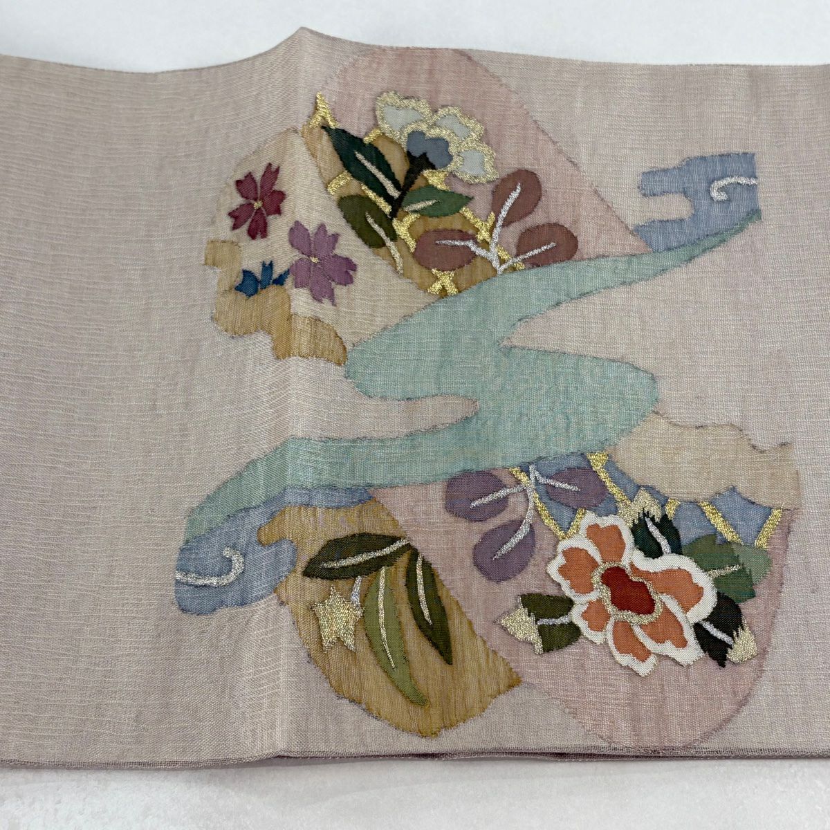 【美品】 袋帶 逸品級 夏帶 山 草花紋 金銀絲 灰茶 お太鼓圖案 純蠶絲