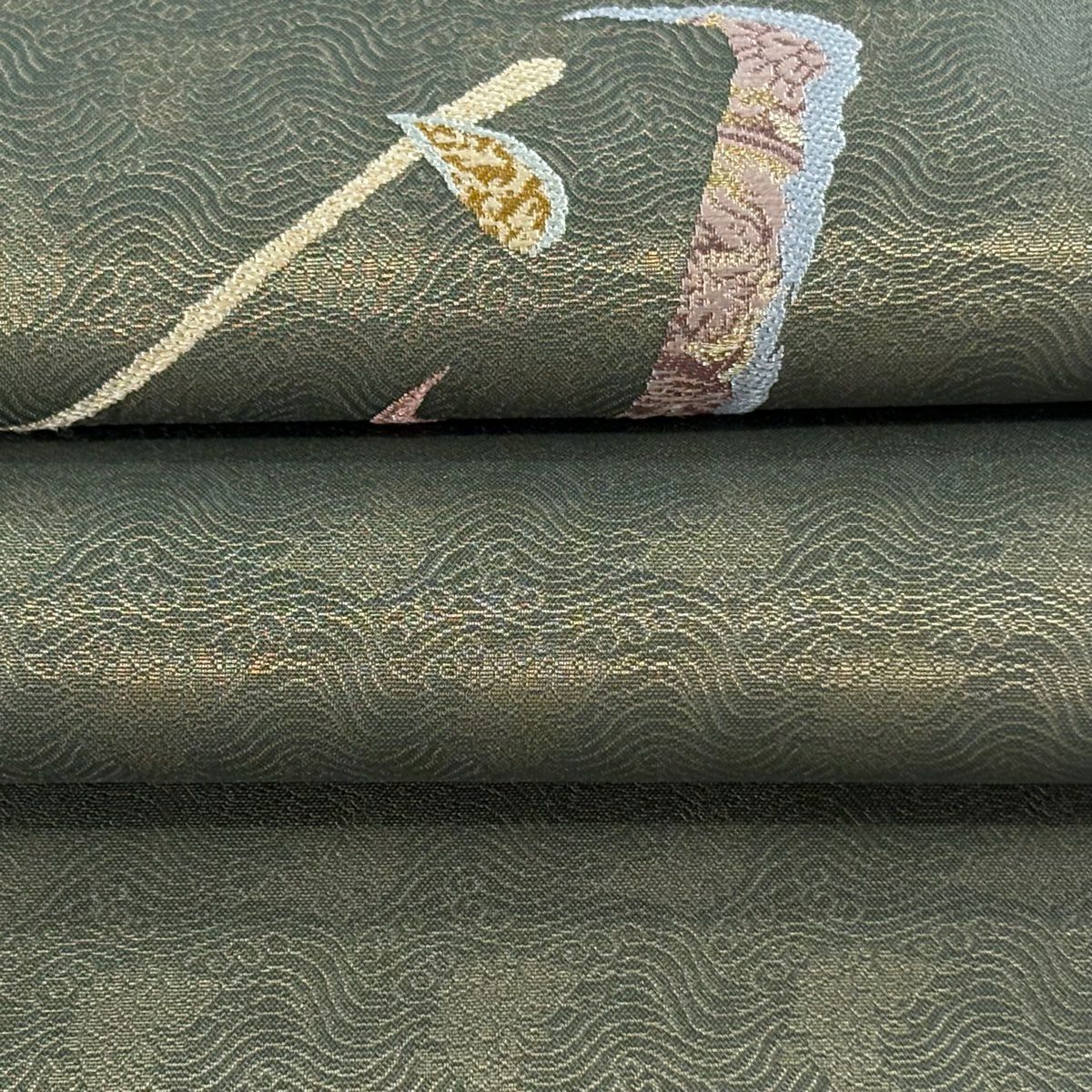 【美品】 袋帶 逸品級 證書齊全 文字 荒磯 金通 灰綠色 お太鼓圖案 純蠶絲