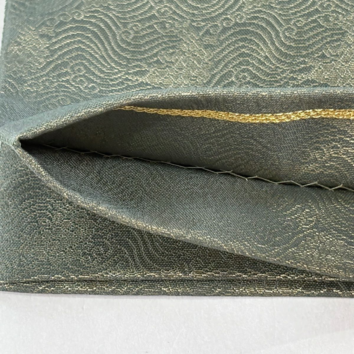 【美品】 袋帶 逸品級 證書齊全 文字 荒磯 金通 灰綠色 お太鼓圖案 純蠶絲