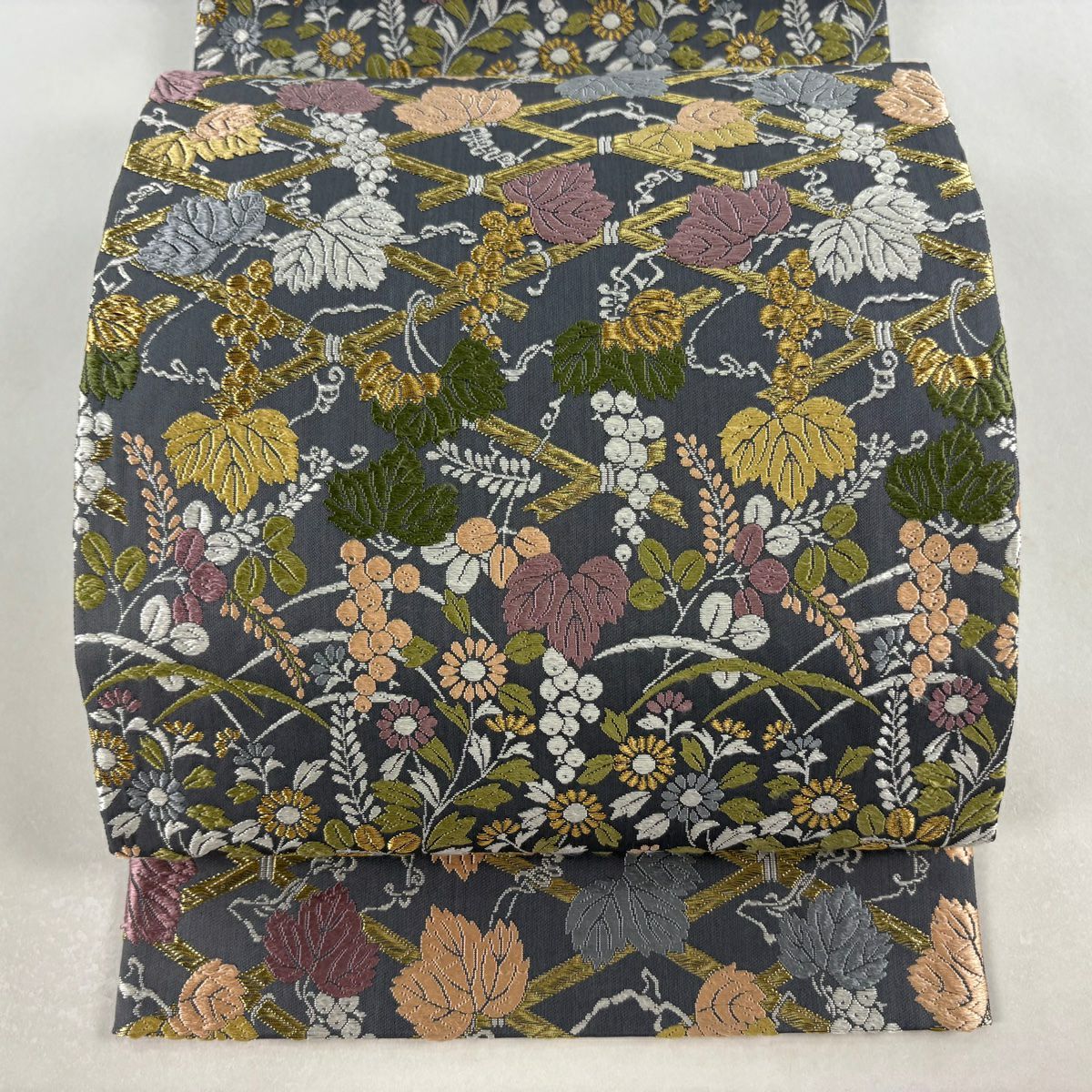 袋帶 逸品級 落款 山口克爾 竹子垣春秋文 金絲 刺繡 灰 深藍柄 純蠶絲