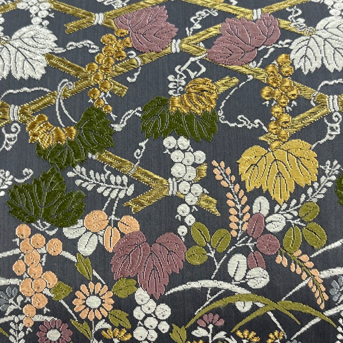 袋帶 逸品級 落款 山口克爾 竹子垣春秋文 金絲 刺繡 灰 深藍柄 純蠶絲