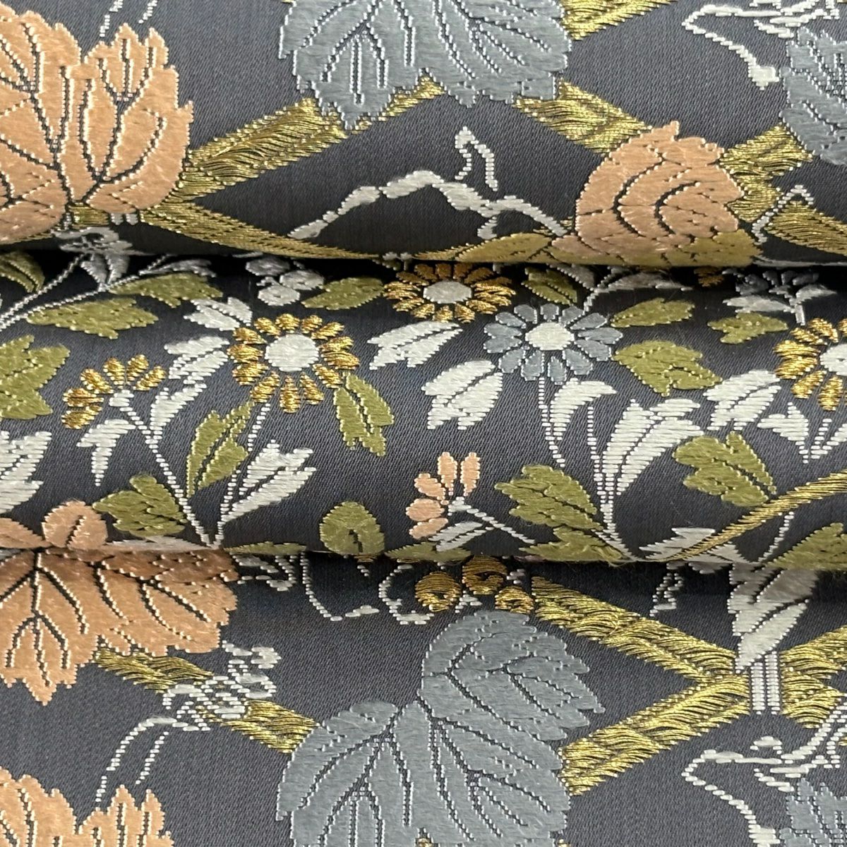 袋帶 逸品級 落款 山口克爾 竹子垣春秋文 金絲 刺繡 灰 深藍柄 純蠶絲