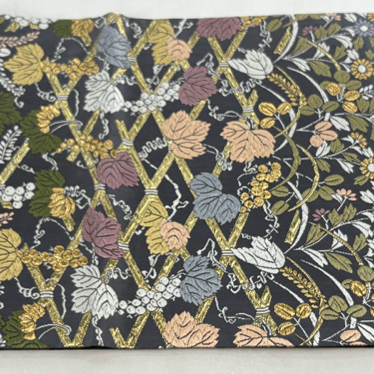 袋帶 逸品級 落款 山口克爾 竹子垣春秋文 金絲 刺繡 灰 深藍柄 純蠶絲